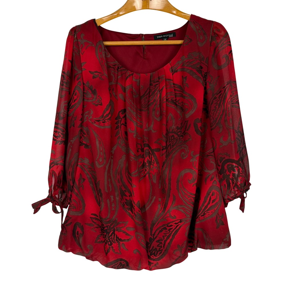 Sara Michelle Paisley Blouse Tie Sleeve 1X Red Brown Pleated Scoop Neck